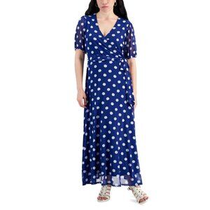 Jamie & Layla Petite Large Blue and White Polka Dot Faux-Wrap Maxi Dress NWT